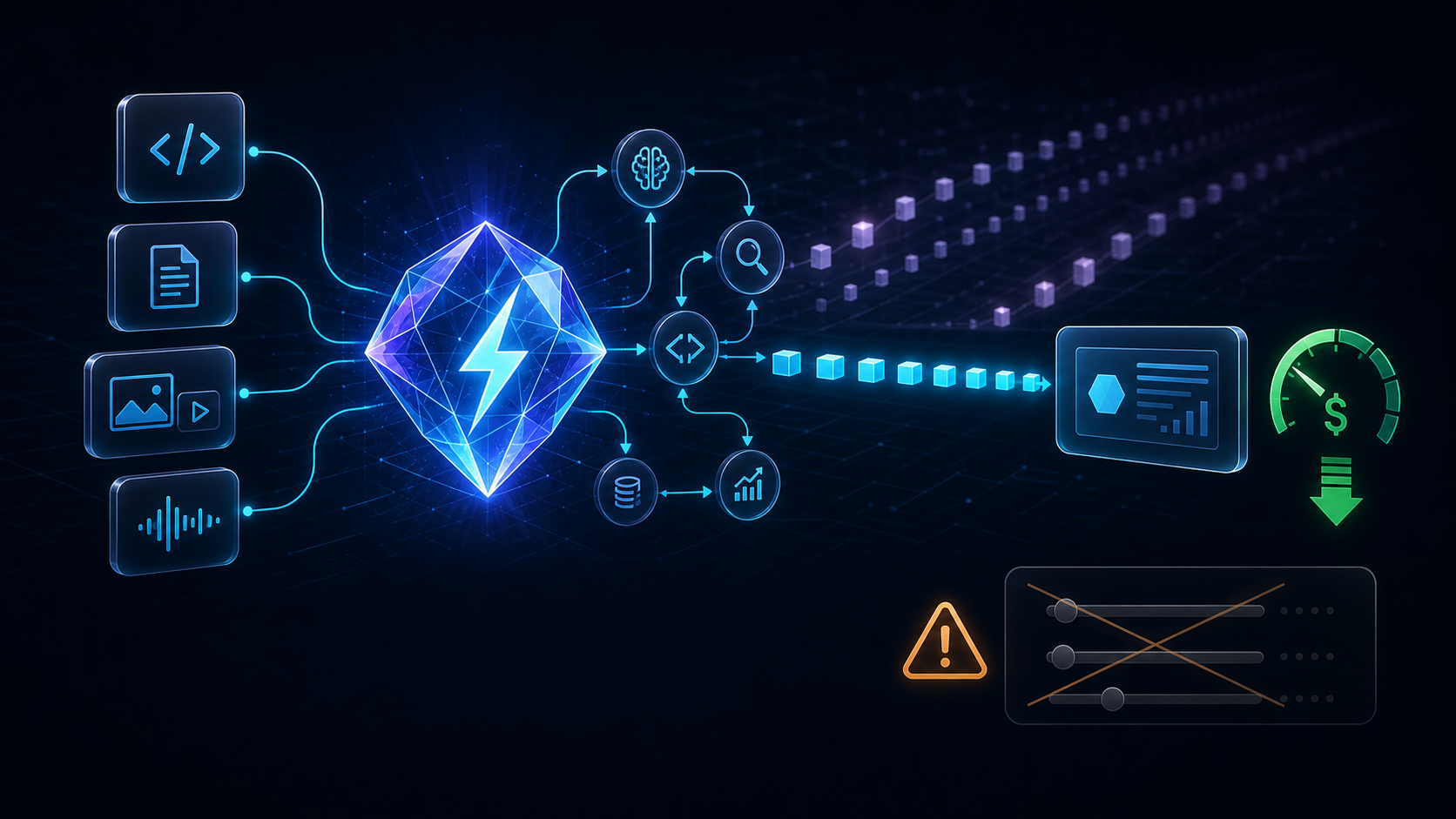 Абстрактная схема агентного AI-workflow: мультимодальные входы идут в светящееся ядро с молнией, затем в более короткий поток токенов, рядом показаны зеленый индикатор экономии и предупреждение о рисках миграции параметров.